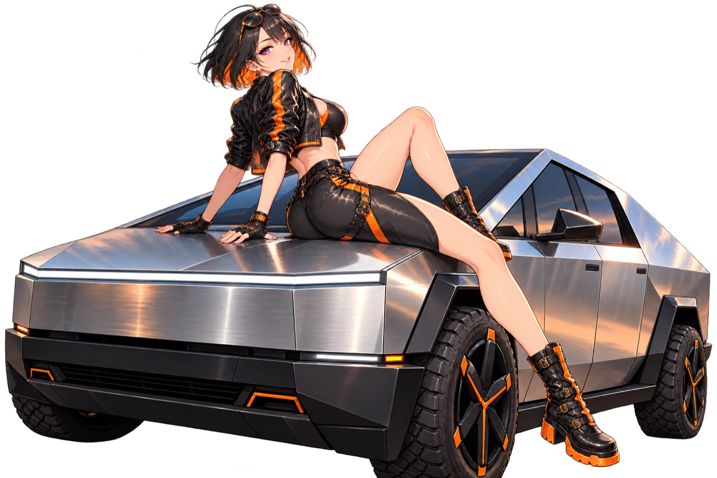 A black-haired anime woman in a leather jacket sitting on the hood of a stainless-steel pickup truck