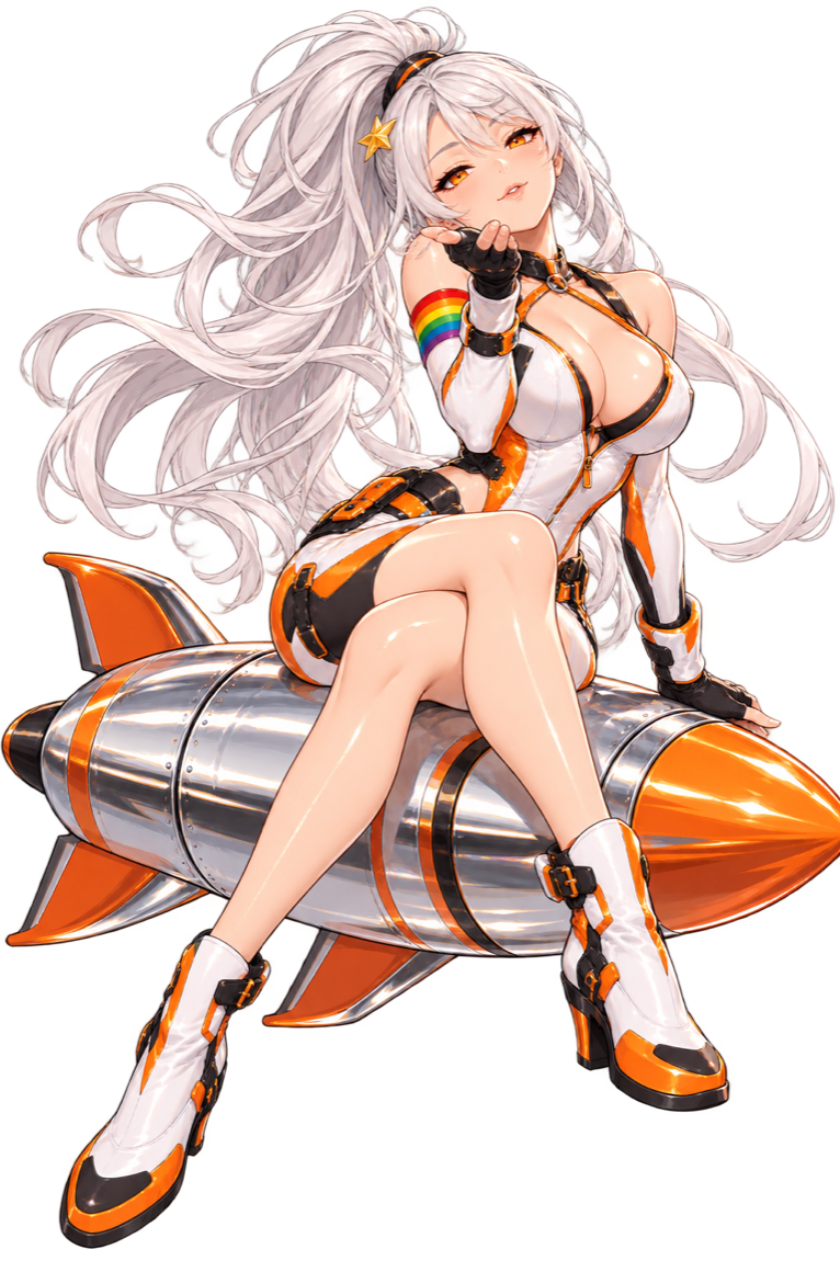 The SXSI mascot sitting on a chrome rocket, blowing a kiss